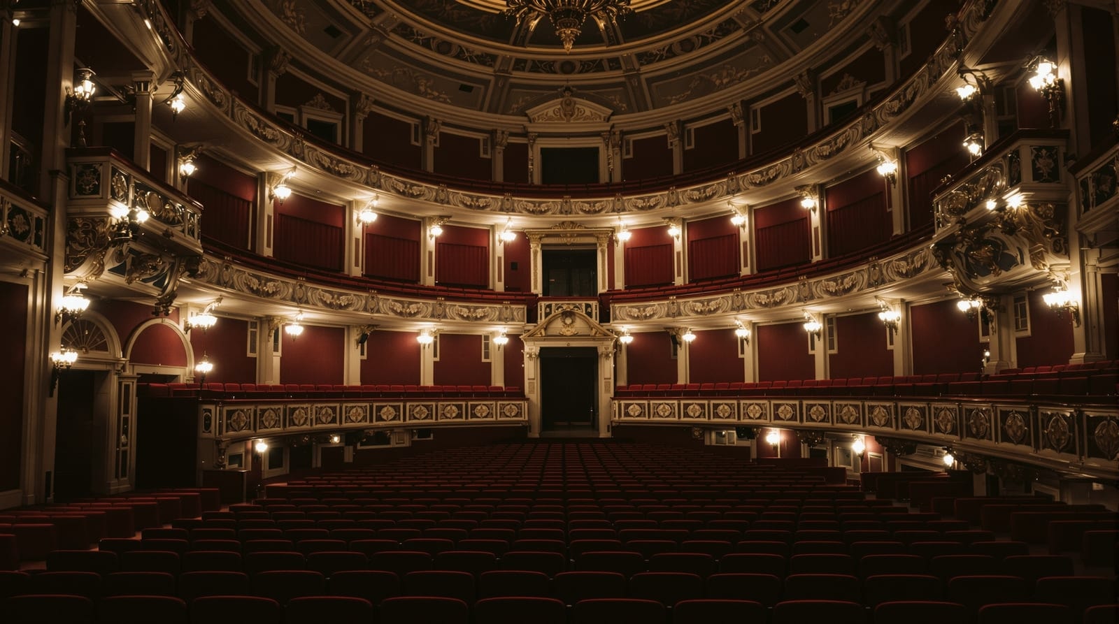 A historic theatre auditorium with the house lights raised, showing empty seats and ornate balconies