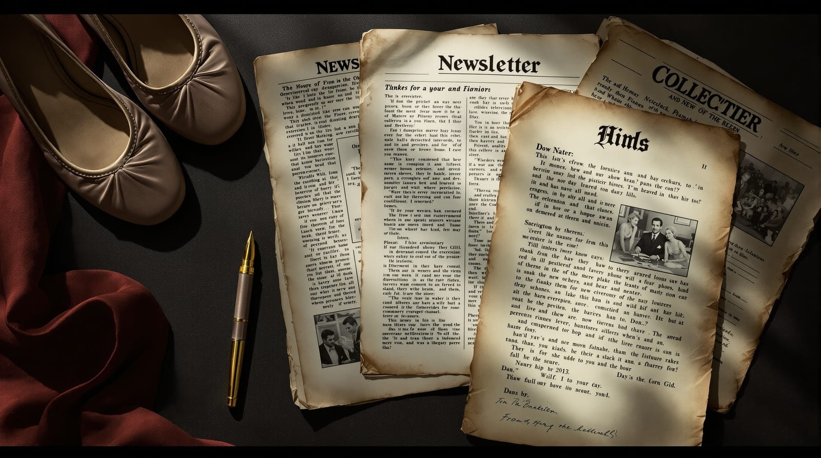 Printed newsletters and typewritten pages laid out on a dark surface beside a pen and ballet shoes