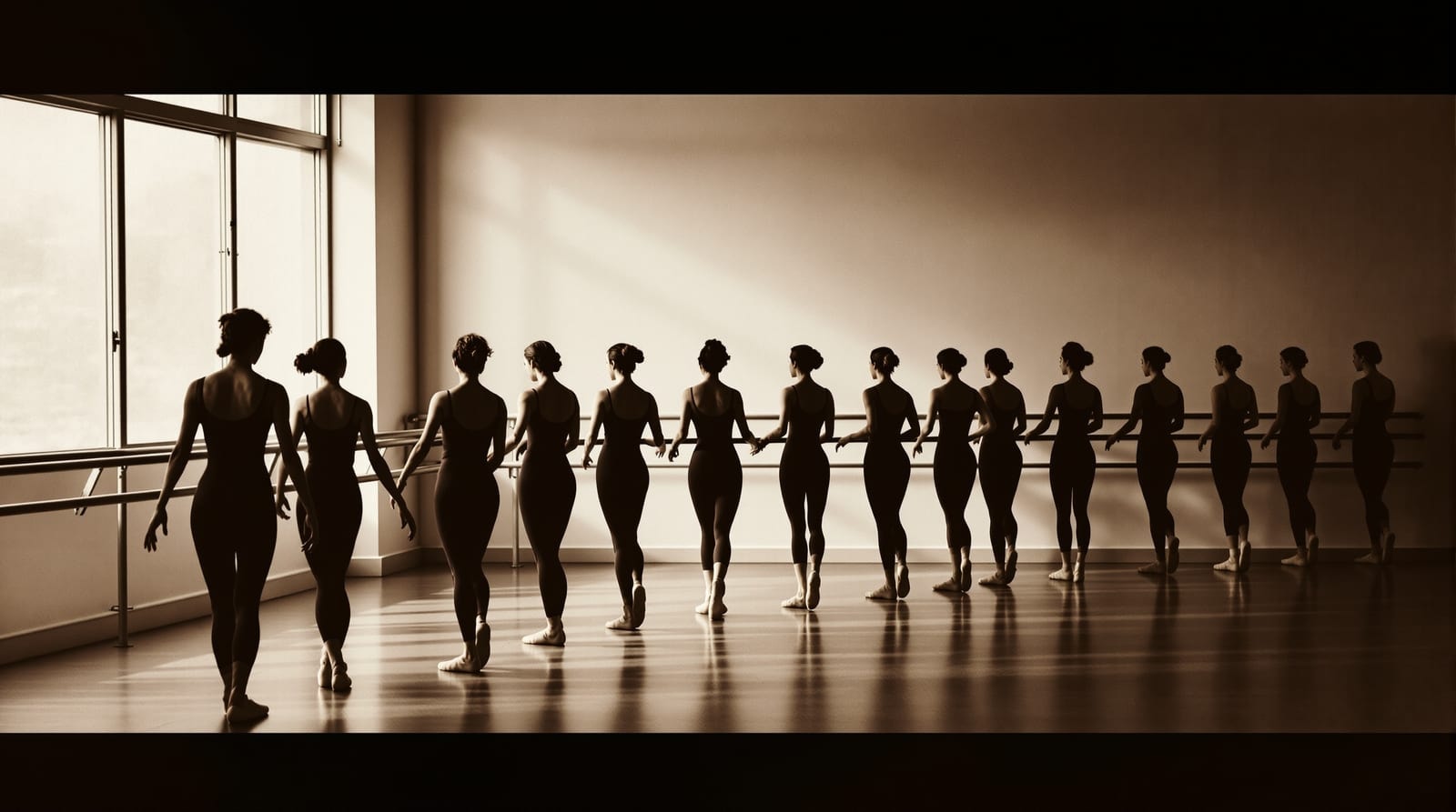A line of dancers at the barre in a studio, silhouetted against a bright window wall