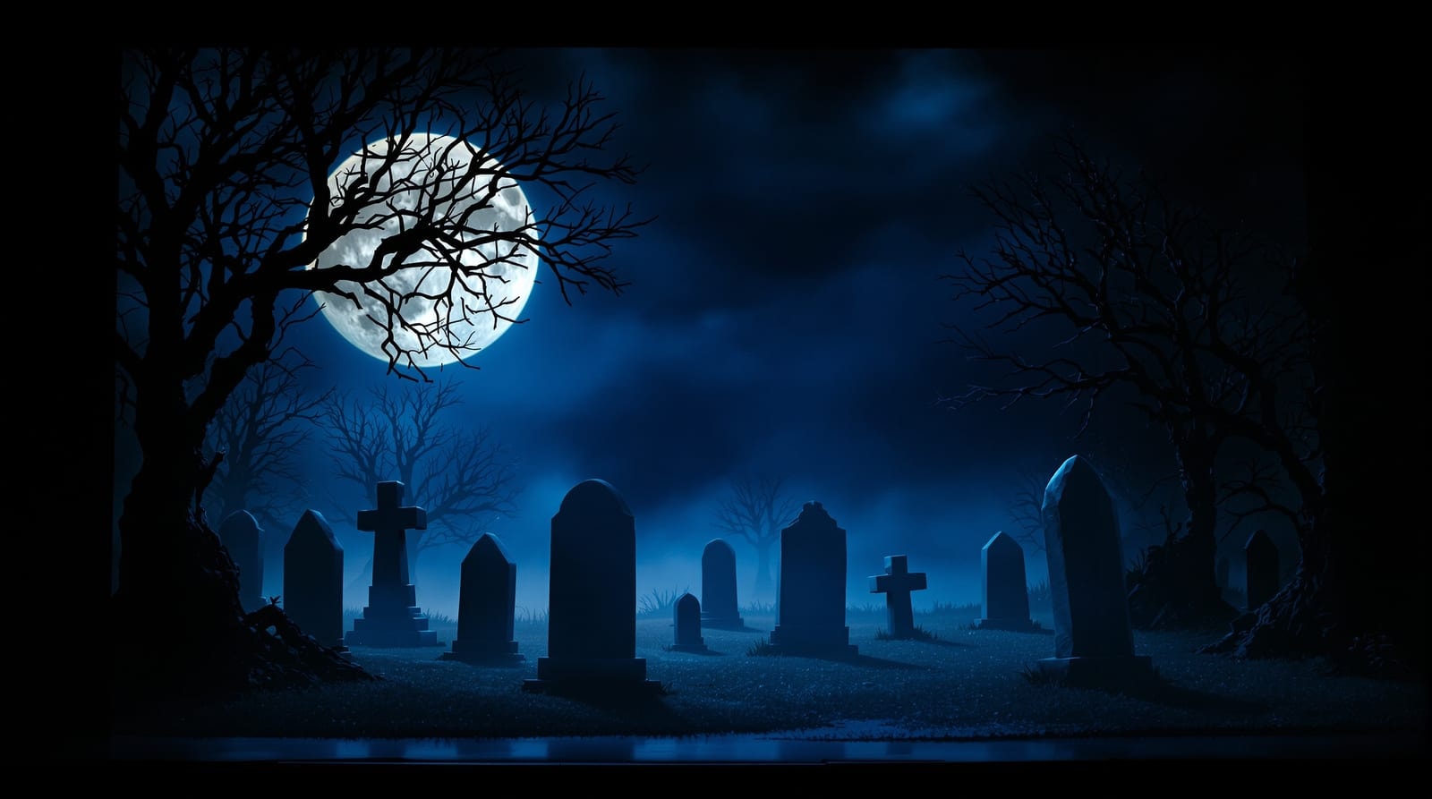 A moonlit cemetery stage set with headstones and bare branches in cold blue backlight