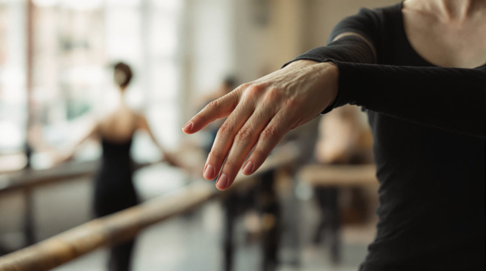 An instructor's hands demonstrating an arm position in a ballet studio