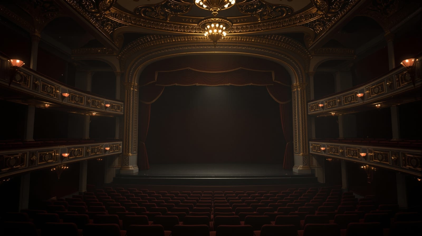 The empty auditorium of a historic 1930s theatre seen from the stage, red velvet seats and a gilded proscenium arch