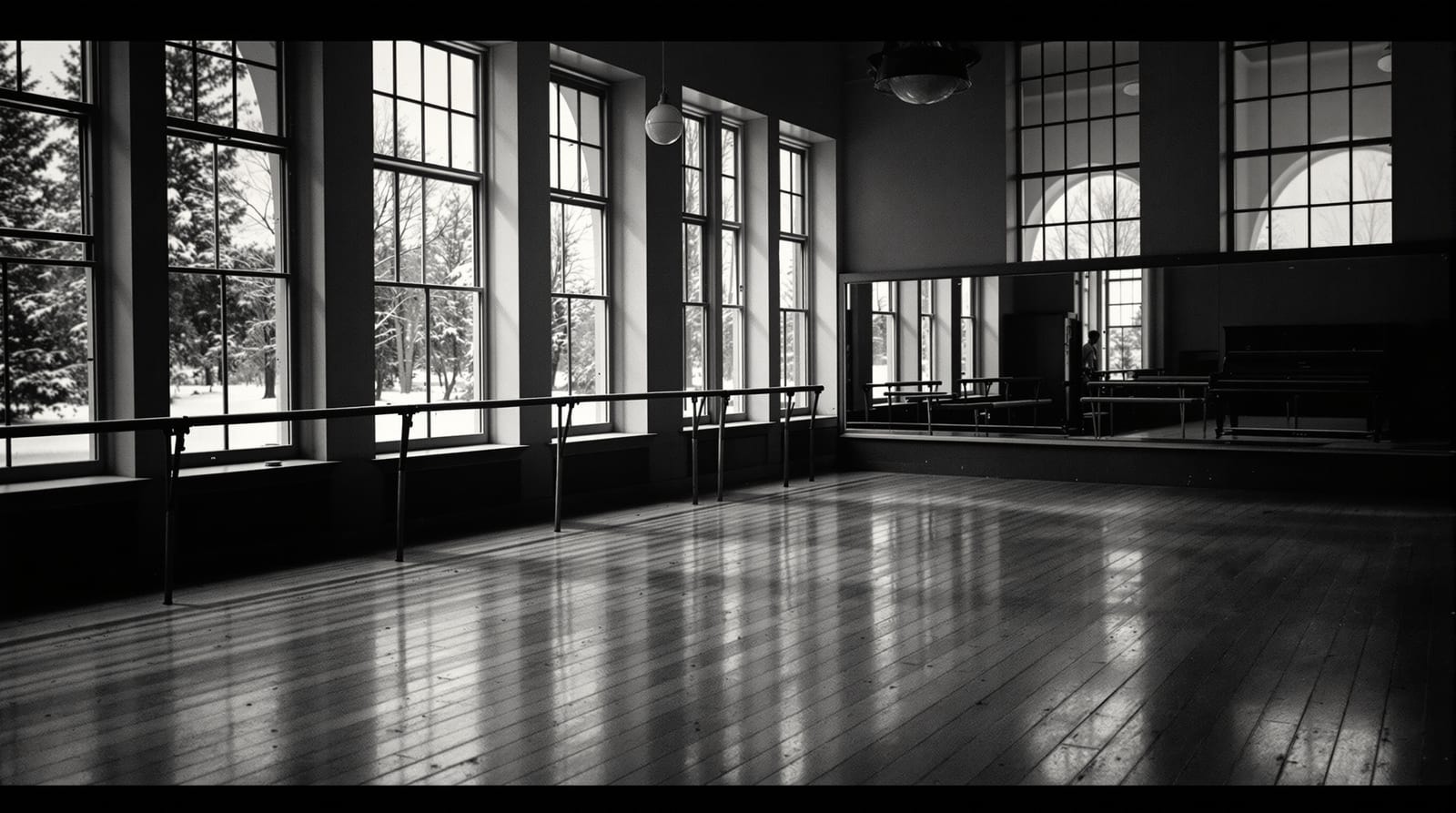 An empty mid-century ballet studio with a wooden barre, mirrors and tall windows