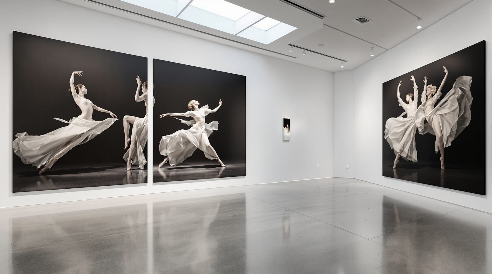 A white-walled gallery hung with large monochrome prints of movement, lit from a skylight