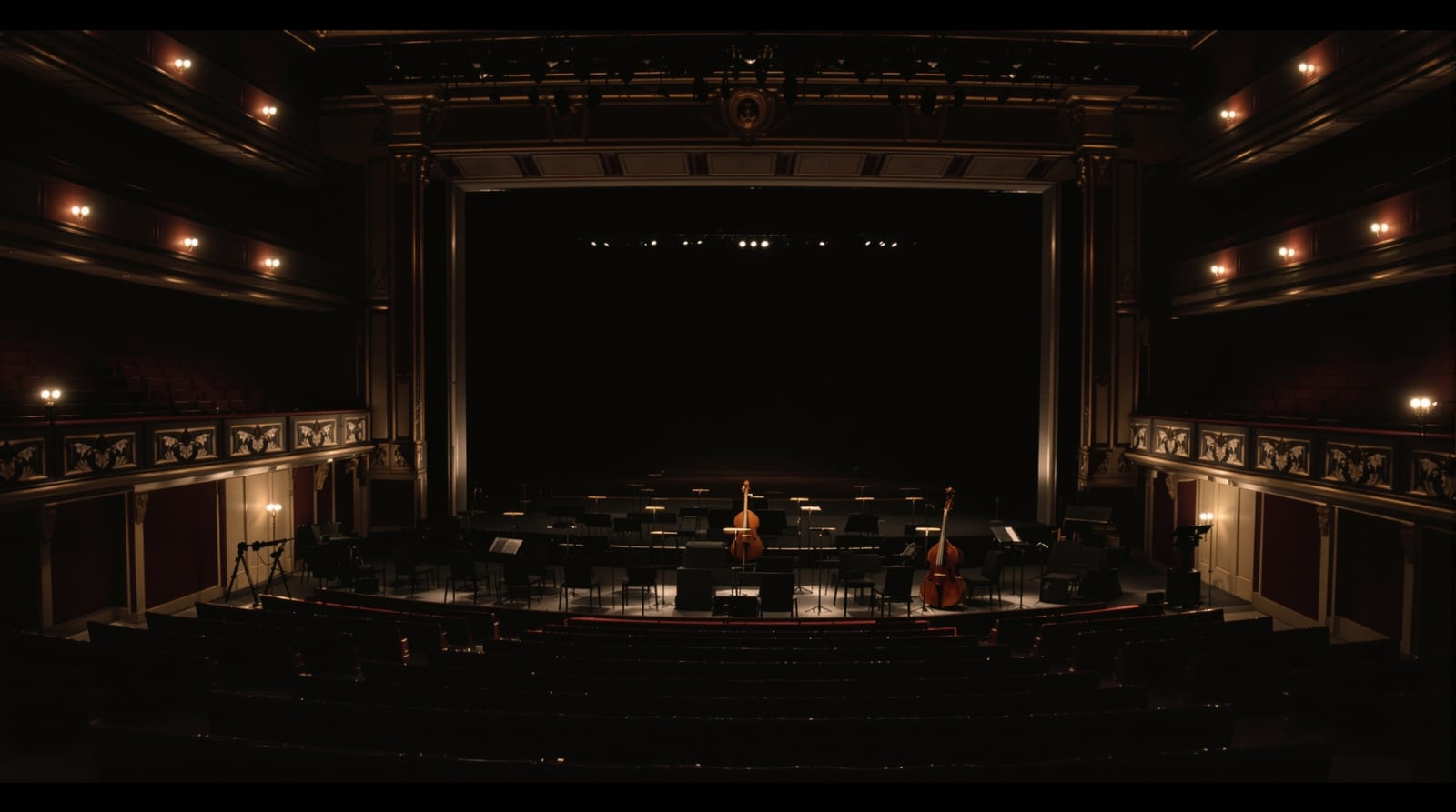 An empty orchestra pit with lit music stands, a harp and a double bass beneath a darkened stage