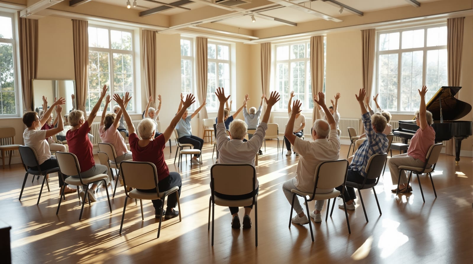 Older adults in a seated movement class arranged in a circle of chairs in a bright studio