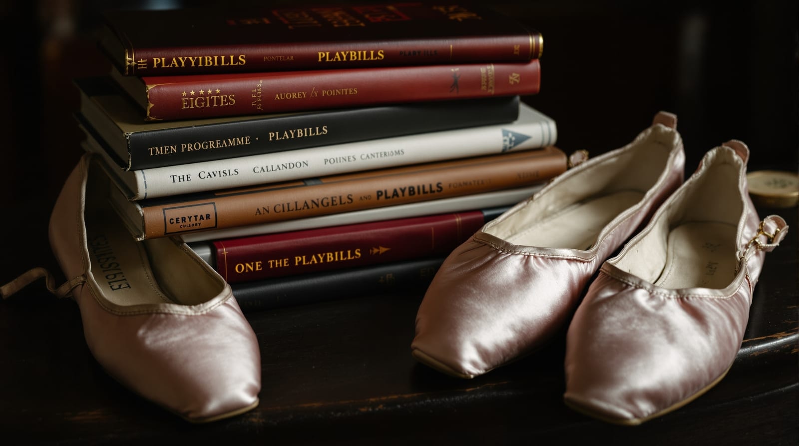 A stack of theatre programme books beside a pair of worn pointe shoes on a dark wooden table