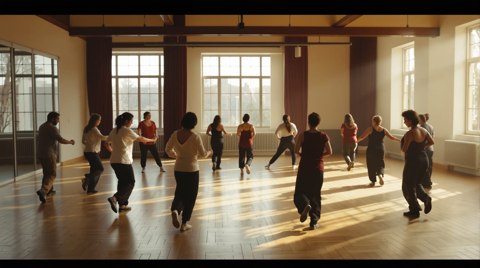 Adults taking part in a dance workshop in a bright community hall with a wooden floor