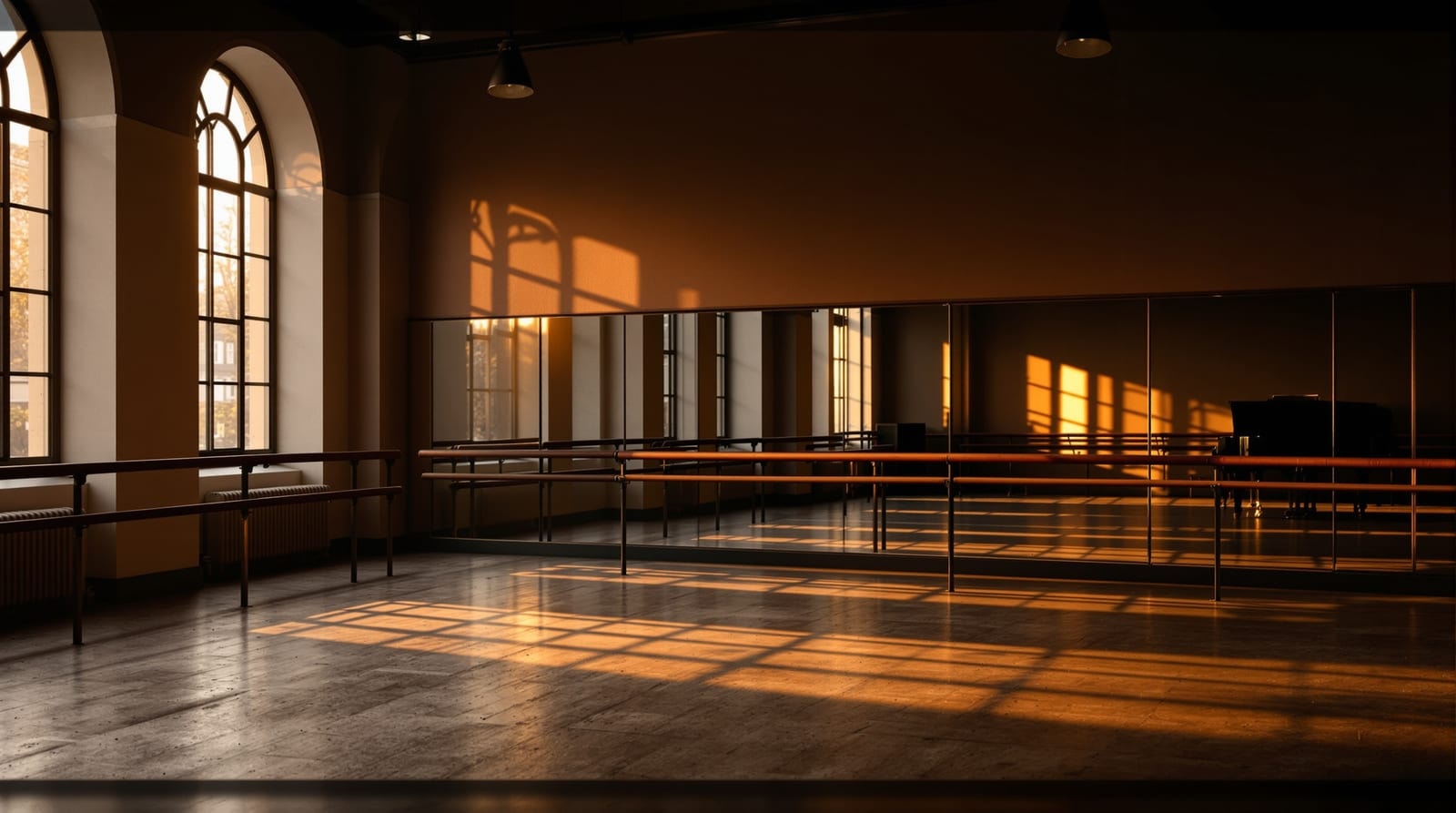 An empty ballet studio with a wooden barre, mirrored wall and worn sprung floor lit by afternoon sun