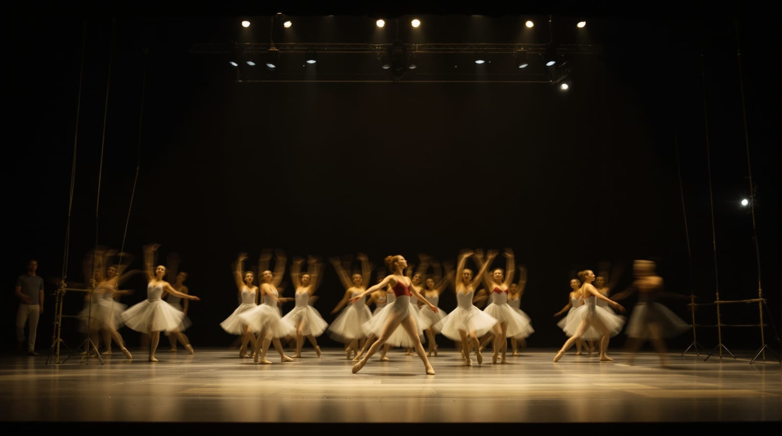 Adult dancers rehearsing on a bare theatre stage under work lights, seen from the wings