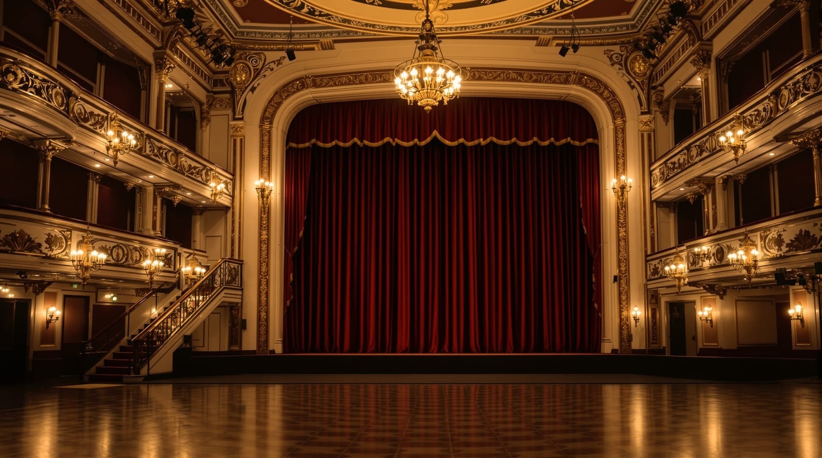 The ornate lobby and grand staircase of a historic theatre, lit warmly and empty before a performance